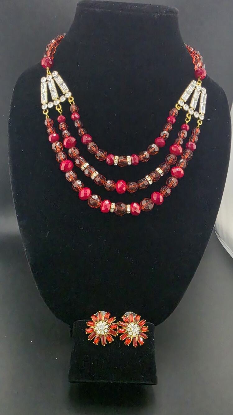 Plunder Design Sariah Flower Earrings & Red Crystal 3-Strand Necklace Set